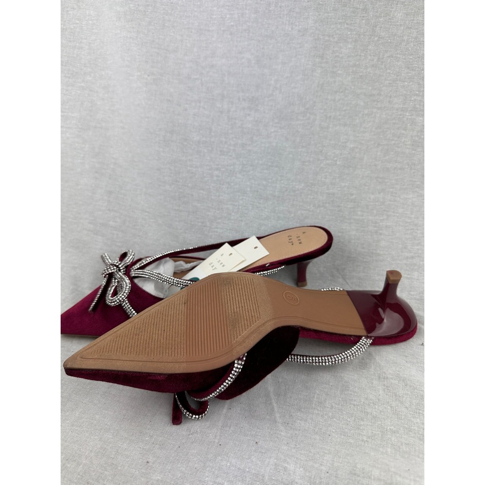 A New Day Womens Burgundy Velvet Rhinestone Bow Pointed Toe‎ Kitten Heel Mules 9 - Picture 6 of 6